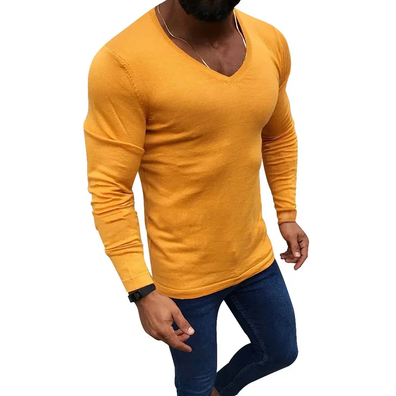 Мужские модные шерстяные вязаные пуловеры с v-образным вырезом, мужские зимние теплые однотонные мягкие повседневные облегающие свитера с длинным рукавом, новинка - Цвет: Yellow