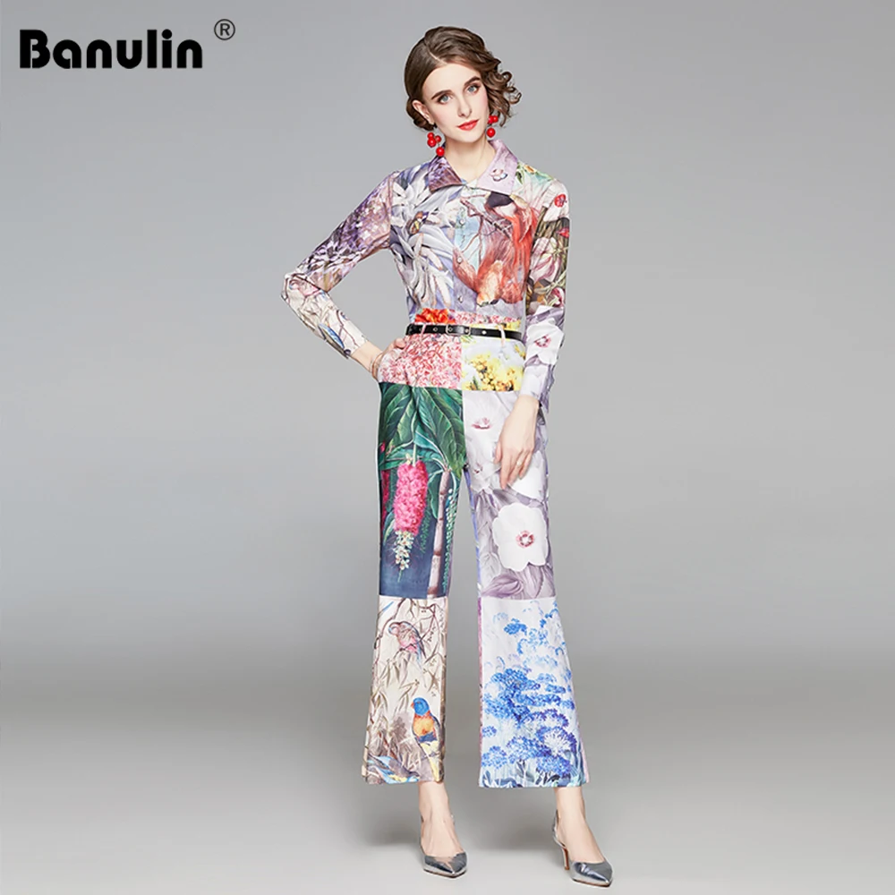 

Banulin Fashion Runway Autumn Pant Two Pieces Set Woman Long Sleeve Floral Print Shirts + Casual Long Wide Leg Pants Sets Suits
