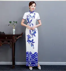 Плюс размер 5XL Заказной синий и белый фарфоровый чеонгсам осеннее старое шанхайское Длинное Элегантное платье Ципао среднего и старшего