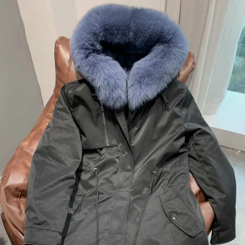 Black blue Женская Шуба из натурального меха, шуба из кролика Рекс, воротник из лисьего меха, парка из натурального меха для женщин, одежда, зимнее пальто для женщин Abrigo MujerYY920 - Цвет: Black blue