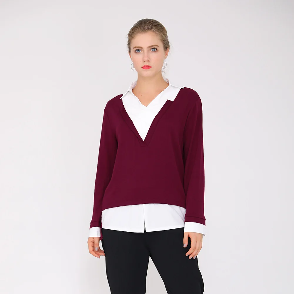 

Large size sweater Women Fake Two Piece V Neck Pullovers Winter Loose oversized female sweater Plus Size Women Tops Clothing
