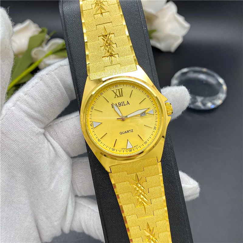 Orologio da uomo galvanico in oro 24 carati calendario ghiacciato orologi d' oro quadrante grande modello intagliato retrò cinturino in acciaio orologi  da polso - AliExpress Watches