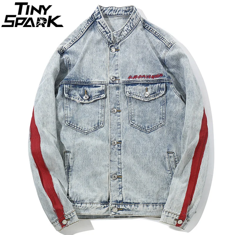 Harajuku джинсовая куртка с вышивкой дракона, уличная одежда в стиле хип-хоп, Мужская винтажная джинсовая куртка с эффектом потертости, осень, джинсовые куртки в красную полоску
