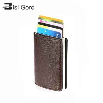 

BISI GORO RFID Pop-Up Card Holder Aluminum Box Litchi Soft Leather Card Case Information Protector Security Clutch Casual Wallet