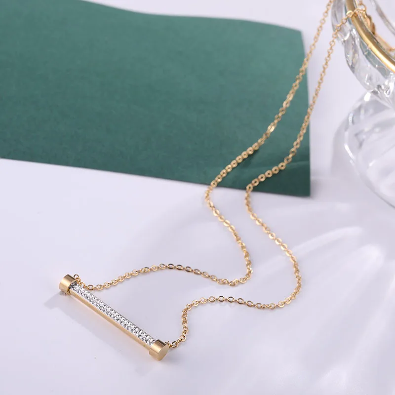Champagne gold Блестящий хрустальный Титановый стальной кулон ожерелье золотистый, серебристый, простой геометрический цепочка для ключицы короткое ожерелье женские ювелирные изделия - Окраска металла: Champagne gold