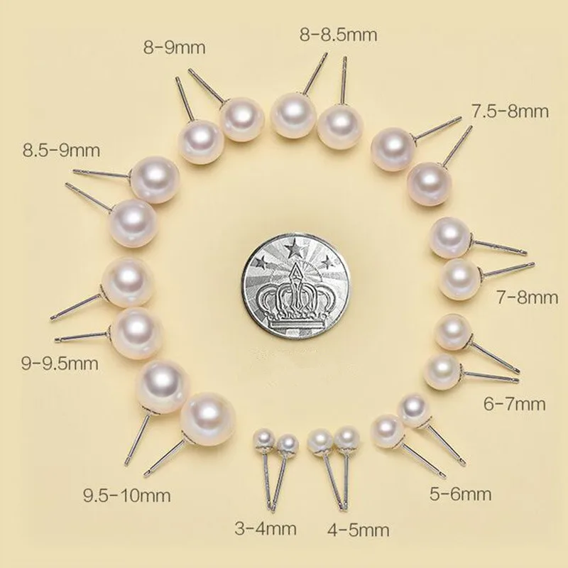 Серьги из натурального круглого пресноводного жемчуга, 925 пробы серебряные серьги-гвоздики для женщин, золотые серьги-гвоздики, ювелирные изделия в подарок - Окраска металла: Siliver 9.5-10mm