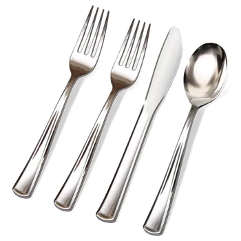 

200 Silver Plastic Tableware Disposable Tableware, 100 Forks, 50 Knives, 50 Spoons-Heavy Cutlery Utensils (Silver) For Banquets,