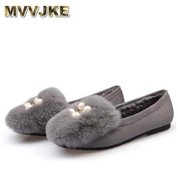 

MVVJKEwinter women shoes Ballet shoes with fringed loafers slip-on sandals square shoes rabbit fur pearl surfaceE063