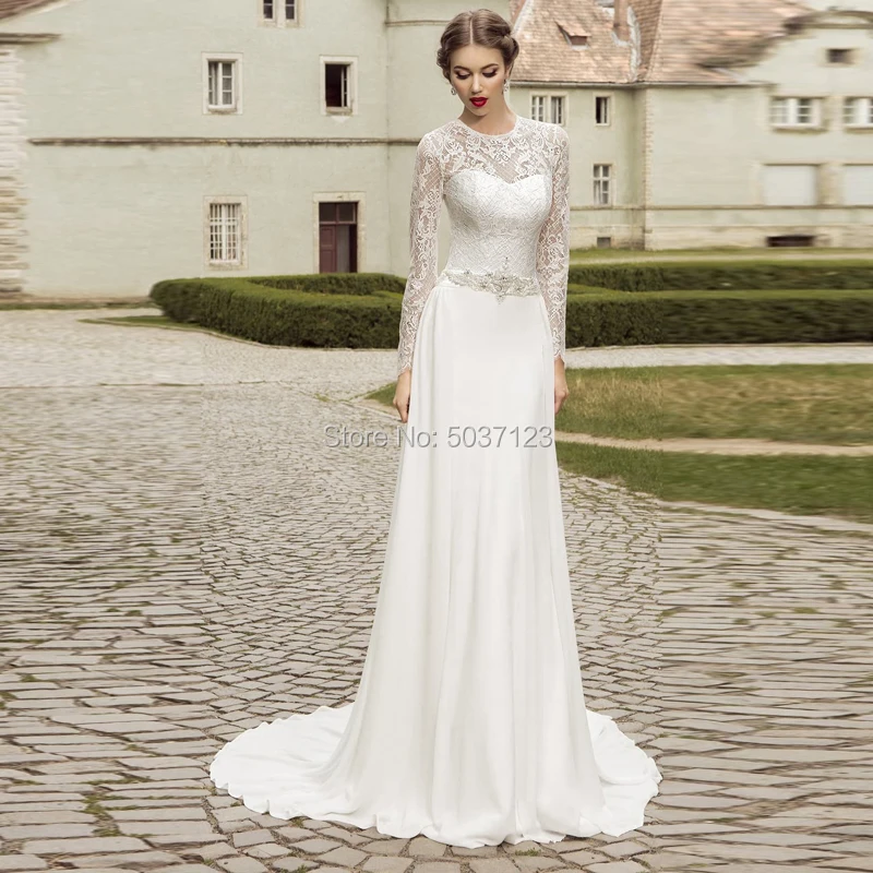 Шифоновый с длинным рукавом Свадебные платья Vestido De Noiva О шеи Кружева аппликации