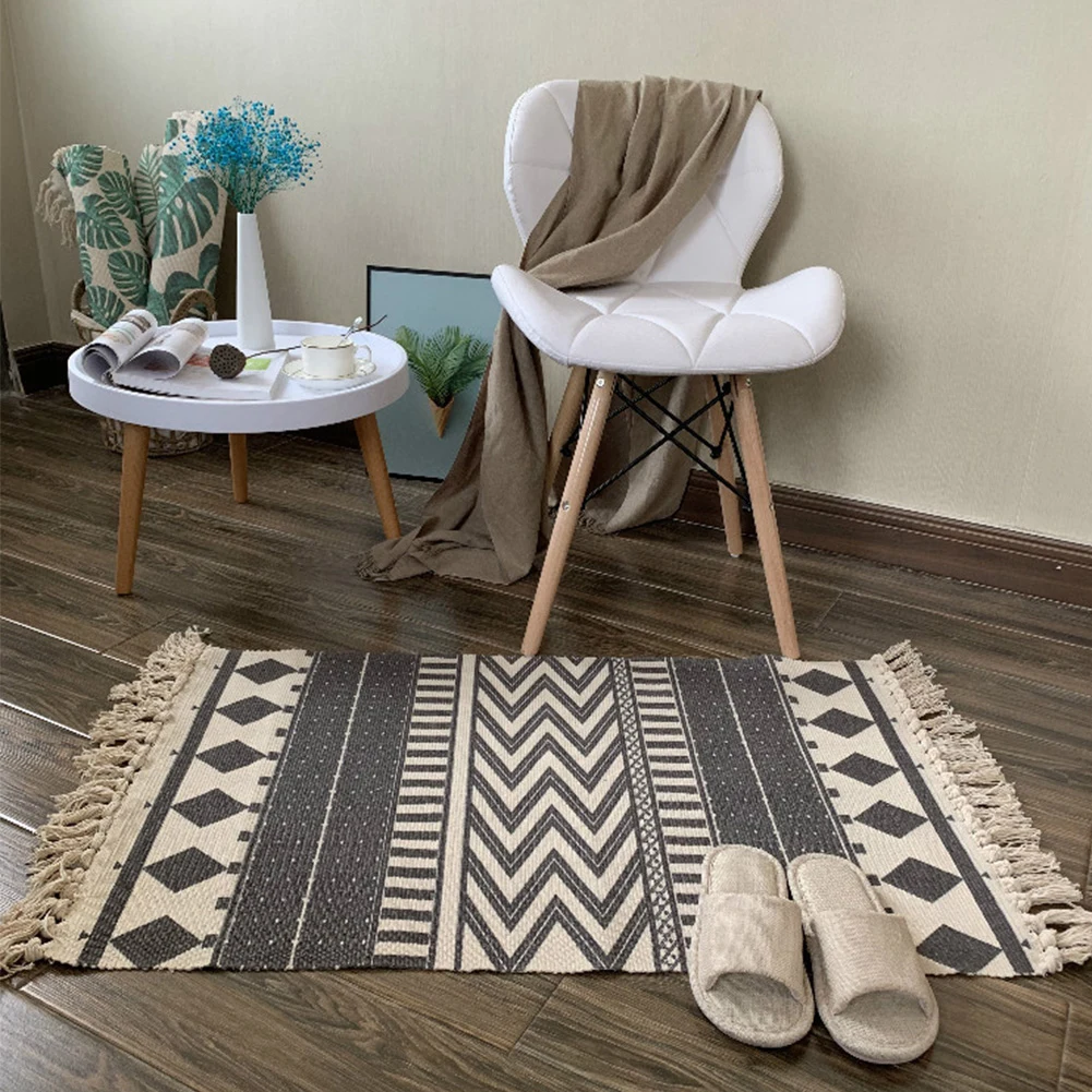

Tassels Carpet Sofa Machine Washable Rug Nordic Style Cotton Linen Retro Tapestry Home Decor Living Room Floor Printed Bedroom