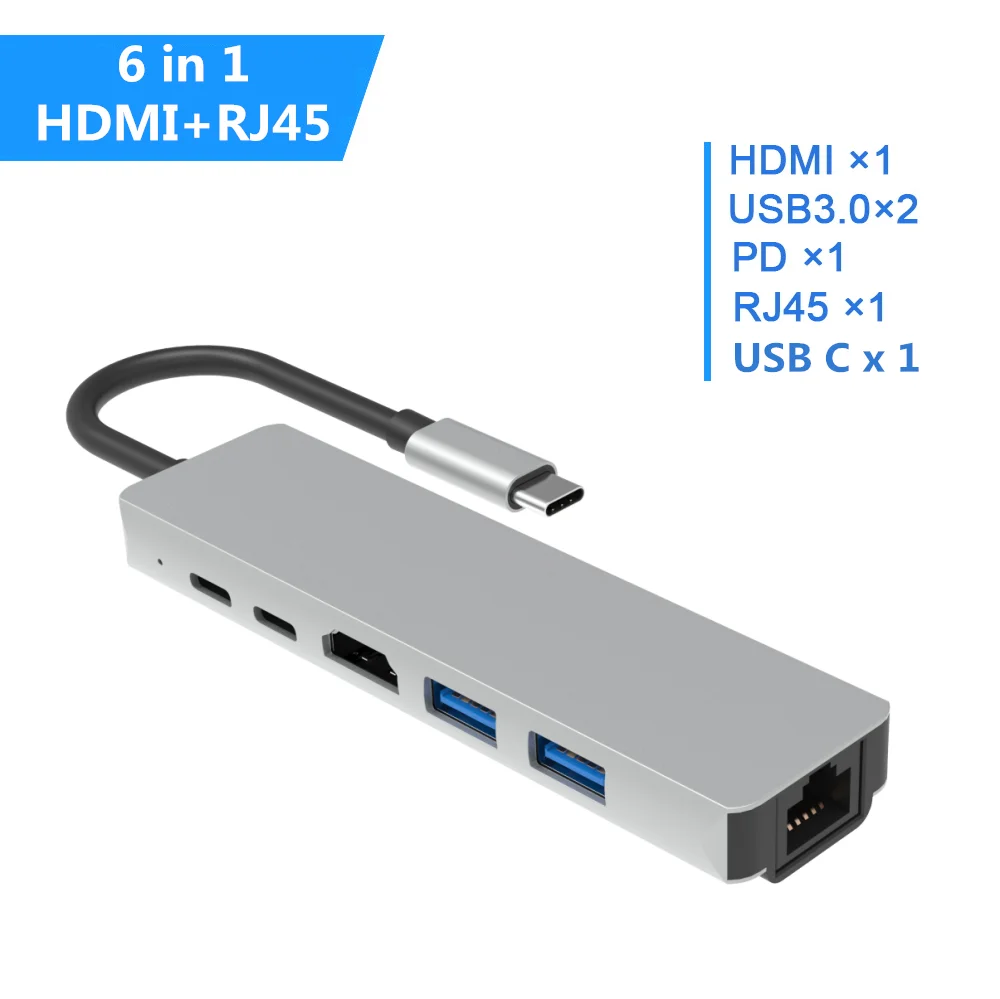 6 in 1 Type C-HDMI концентратор USB C 4K PD 5A 87W док-станция Rj45 Lan USB 3,1 разветвитель USB-C питания Аксессуары Для iMac air MacBook Pro - Цвет: 6 in 1