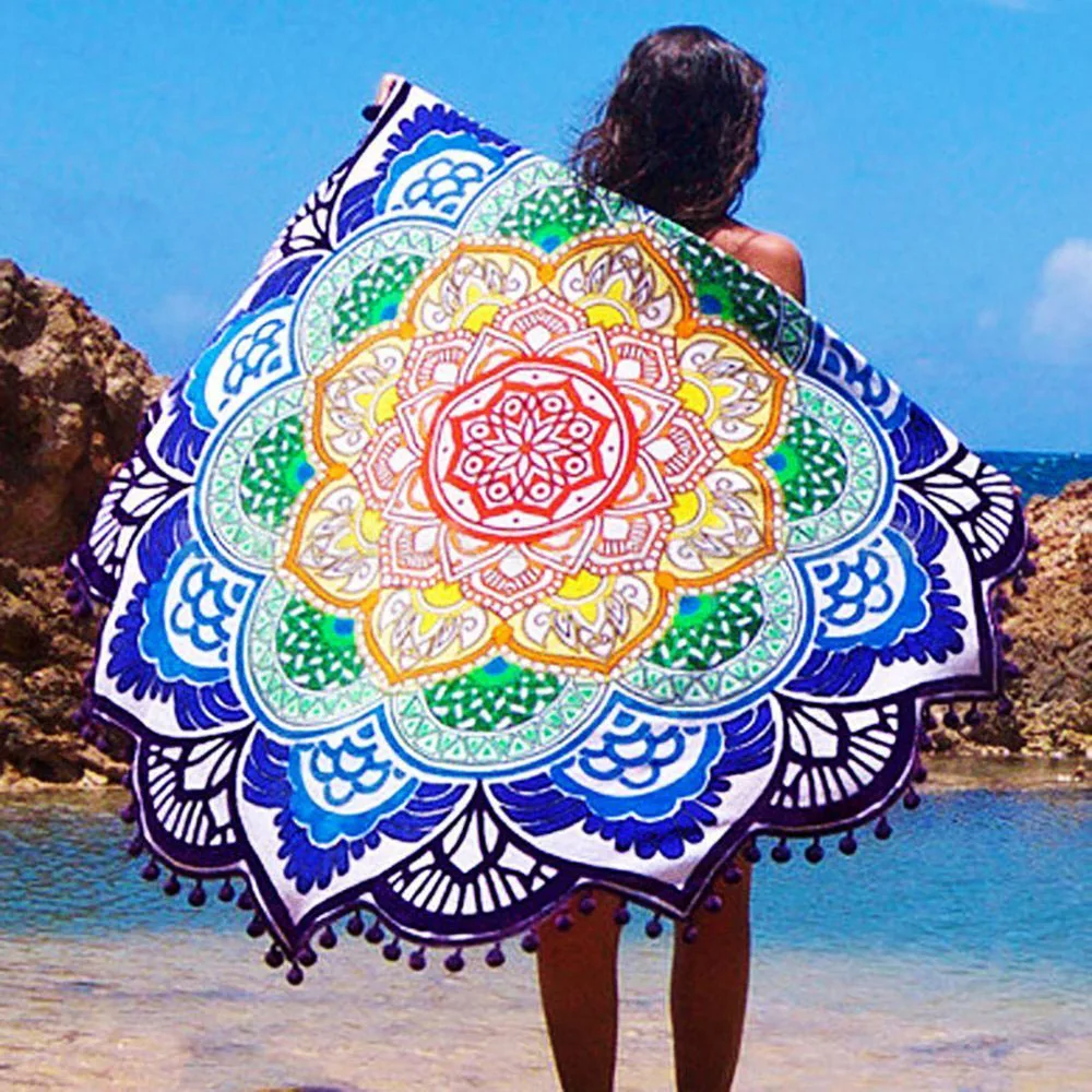 Round Beach Towel Yoga Blankets Diameter 150cm Yoga Mat with Flowers Pattern Indian Mandala Tapestry Picnic Mat Valentine's Day (3)
