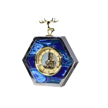 

Light luxury European style gold edge blue agate pattern deer table clock Creative home wine cabinet bedside decorations clock
