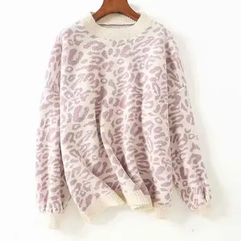 

New Women Leopard Winter Sweaters Knit Oversized Loose Knitted Pullovers Thick Warm Long Sleeve Sweaters Jumpers