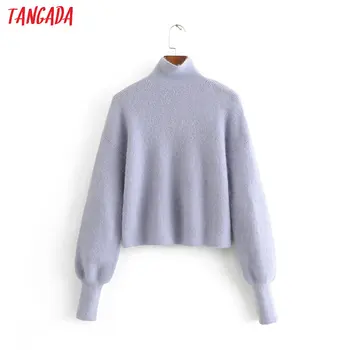 

Tangada women blue oversized crop jumpers turtleneck thick warm 2019 winter long sleeve sweater knitwear 3H224
