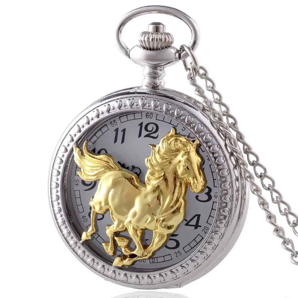 

IBEINA Golden Horse Theme Full Hunter Quartz Engraved Fob Retro Pendant Pocket Watch Chain Gift