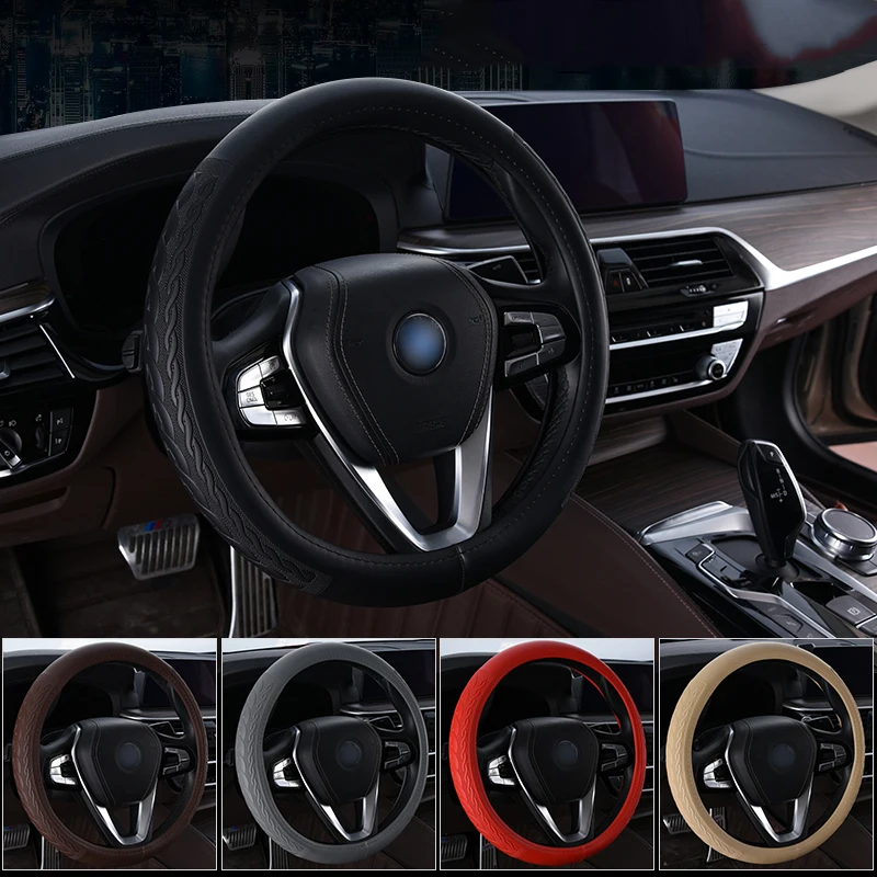 Универсальный автомобильный кожаный чехол на руль нескользящий 38 см спортивный