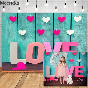 

Mocsicka Valentine's Day Blue Wooden Wall Photography Backdrops Love Heart Decor Photo Booth Background For Photo Studio Props