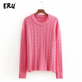 

ERU o neck casual pink women sweater winter 2019 long sleeve knitted pull femme slim cotton ladies ol sweaters female jumper