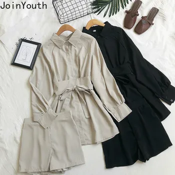 

Joinyouth 2020 Spring Fashion Two Pieces Sets Medium-long Bandage Slim Waist Blouse + High Waist Short Women Korean Suits 59138