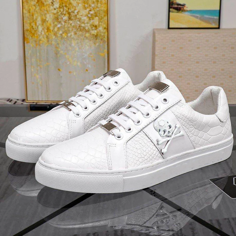 bags pp Italian original design skull hardware logo business genuine leather men's shoes crocodile skin comfortable flat bottom