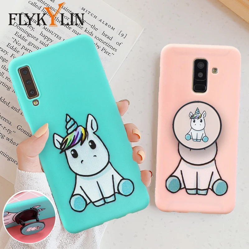 

FLYKYLIN Unicorn Holder Case For Samsung Galaxy A6 Plus A7 2018 A9 Back Cover on Soft TPU Silicone Phone Coque Cute Cartoon Skin