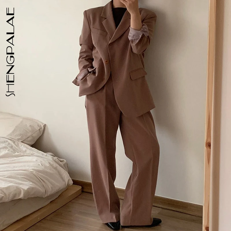

SHENGPALAE 2019 New Fashion Autumn Turn-down Collar Blazer Women High Waist Loose Wide Leg Mopping Pants Casual Suit Set FT887