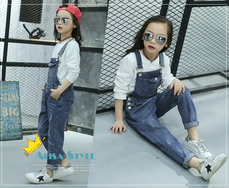 Spring Childrenswear New Style Girls' Overalls Jeans Casual Pants 6-8-10-14-Year-Old Fashion Crawler
