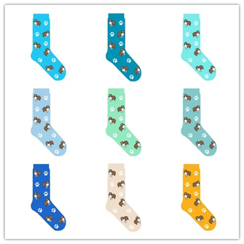 Sheltie crew socks with cute dog Shetland Sheepdog dog theme gift ORIGINAL puppy women unisex cotton sox 50 pair/lot EU 38-44