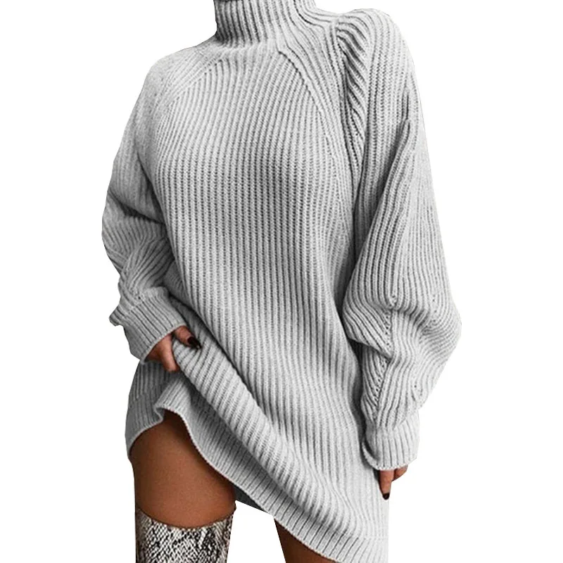 Women Turtleneck Sweater Dresses Autumn Solid Loose Knitted Dress Elegant Long Sleeve Oversized Winter Female Mini Sweater Dress