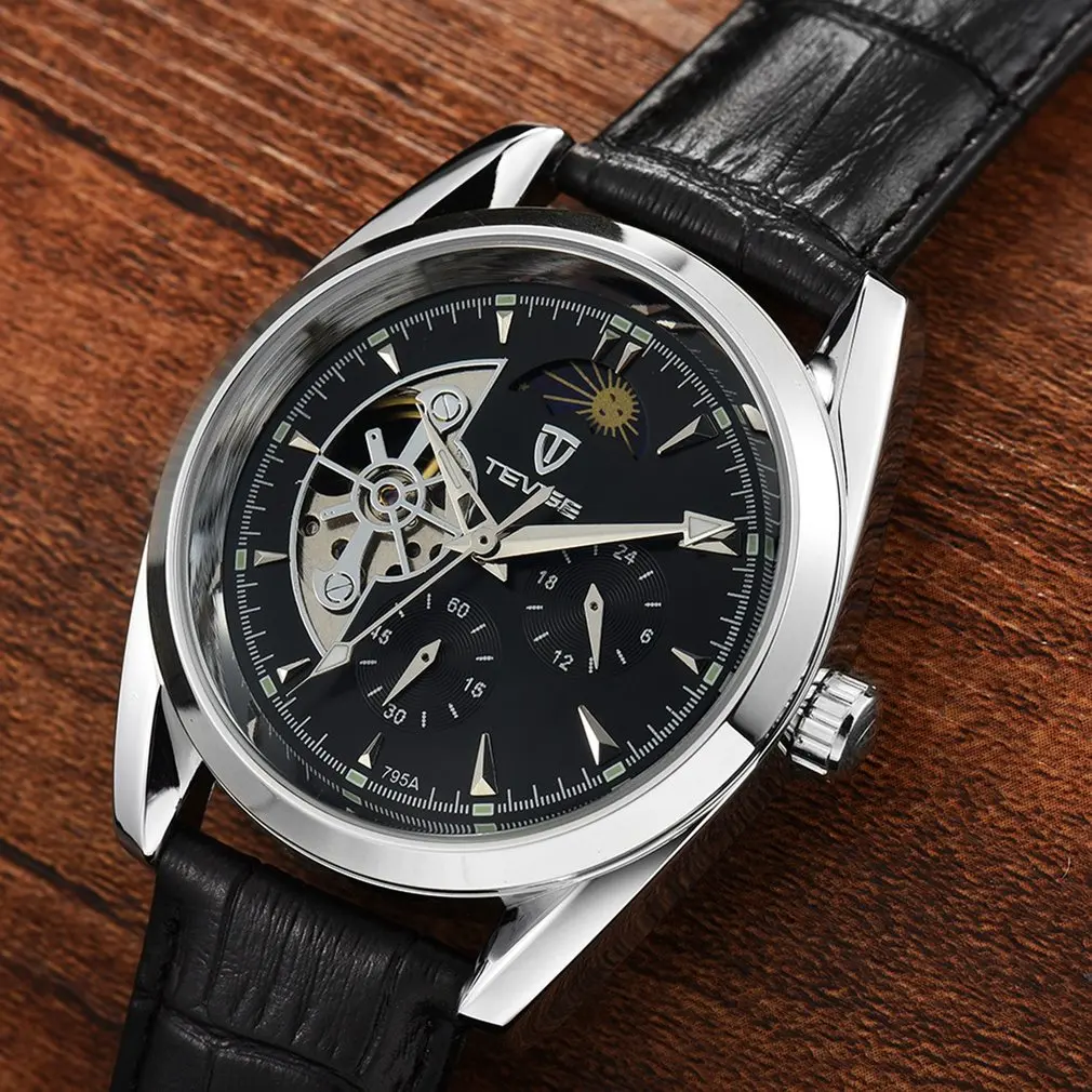 TEVISE Men Watch Tourbillon Automatic Leather Strap Watches Luxury Moon Phase Mechanical Waterproof Watch Hollow Out Dial 795a