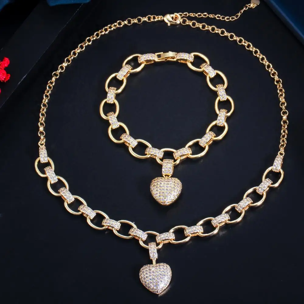 CWWZircons 585 Gold Color Cubic Zirconia Dangle Love Heart Shape Charm Bracelet  Pendant Necklace Women Costume Jewelry Set T468|Jewelry Sets| - AliExpress
