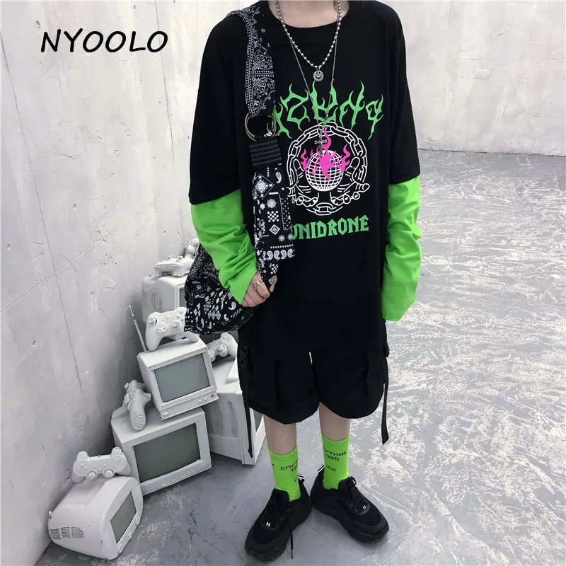 NYOOLO Harajuku флуоресцентный зеленый принт с буквами Поддельные 2 шт. Лоскутная футболка Осенняя уличная футболка с длинными рукавами для женщин и мужчин Топ
