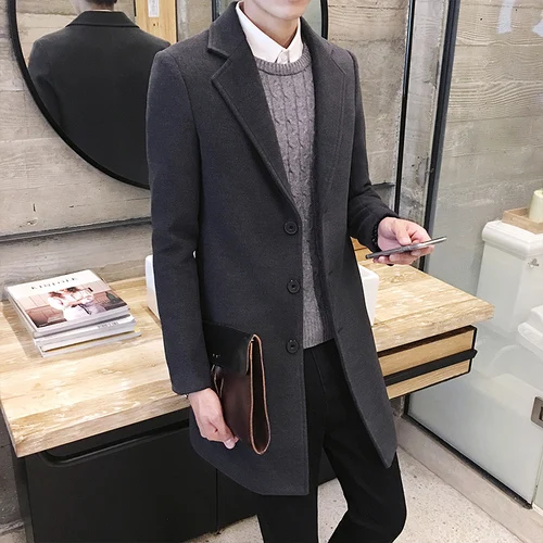 Dark Gray Осень и зима новые для мужчин однотонные повседневные деловые шерстяные пальто/мужские высококачественные брендовые тонкие длинные шерстяные пальто мужской пиджак - Цвет: Dark Gray