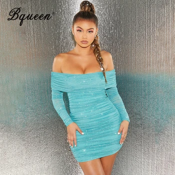 

Bqueen 2020 New Slash Neck Off Shoulder Mesh Full Sleeve Sheath Sequines Sexy Mini Dress Women Club Dresses Vestidos