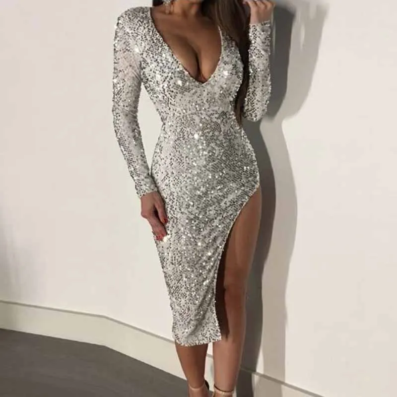 

2019 Sexy Deep V-neck Split Dress Long Sleeve Evening Ball Gowns Glitter Sequins Shiny Bodycon Dresses