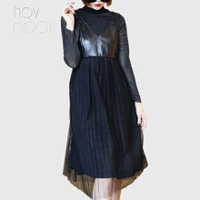 Novmoop high street autumn winter women black mesh gauze spliced sheepskin genuine leather dress vestidos robe femme LT2889