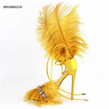 

2019 New High Quality ladies shoes True feather 12CM Thin Heels sandals Nightclub Fashion Show Cross frenulum USA 4-13 14