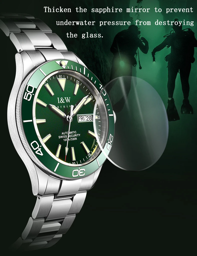 Switzerland Luxury Brand I&W Automatic Mechanical Watch Men 100m Waterproof Diver Sports Watches for Men Green Relogio Masculino