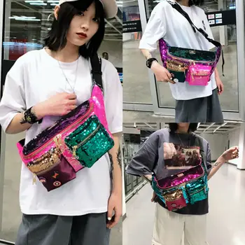 

Fashion Women Waist Pack Chain Sequined Shiny Large Capacity Waist Chest Shouder Bags Retro 2019 New