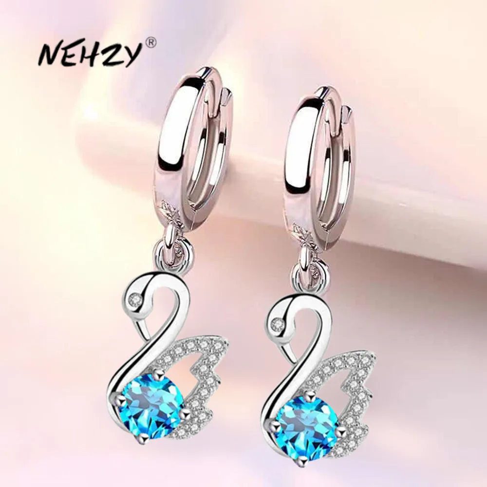 Swan Earrings Zircon Crystal Fashion Jewelry NEHZY 925-Sterling-Silver Retro White Womens