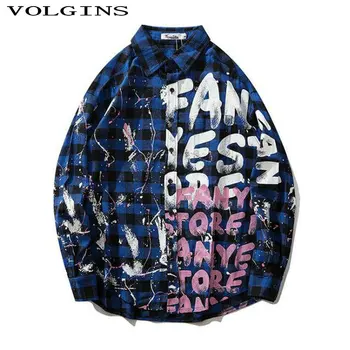 

Streetwear Men Shirt Long Sleeve Plaid Loose Turn-down Collar Homme Men Shirt Clothes Cotton Camisa Masculina Letter Printed