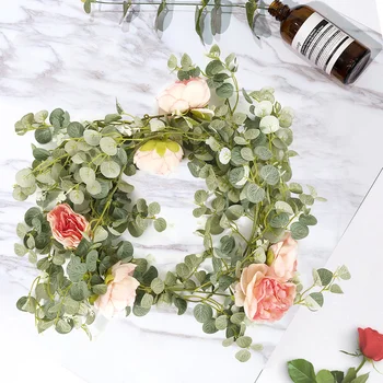 

Artificial 1.85M Eucalyptus Garland with Champagne Roses Greenery Garland Eucalyptus Leaves Wedding Backdrop Wall Deco