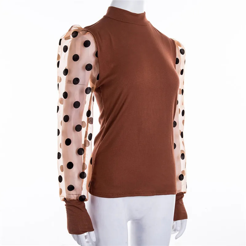 Новейшая женская рубашка с прозрачными рукавами, сетчатая прозрачная блузка с высоким воротом, в горошек, Осень-зима, пышные топы с длинными рукавами, сексуальные кружевные рубашки
