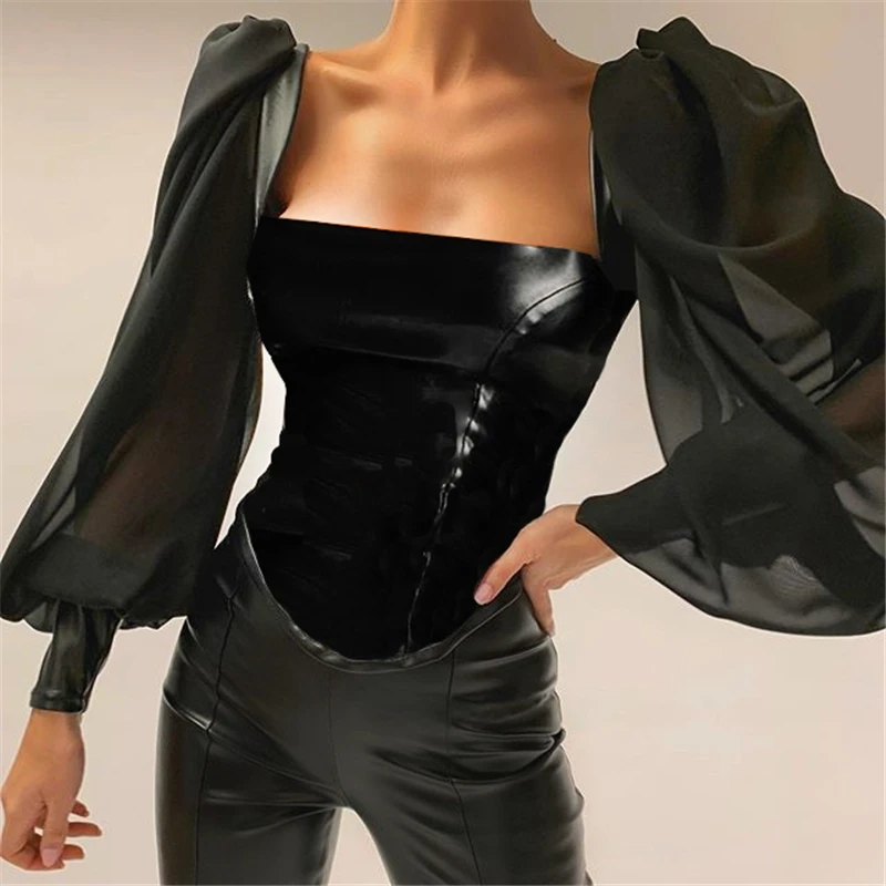 Darlingaga/модная блузка из искусственной кожи с квадратным вырезом, облегающая укороченная блузка-бюстье, топ с пышными рукавами, шифоновая рубашка, Женский Топ