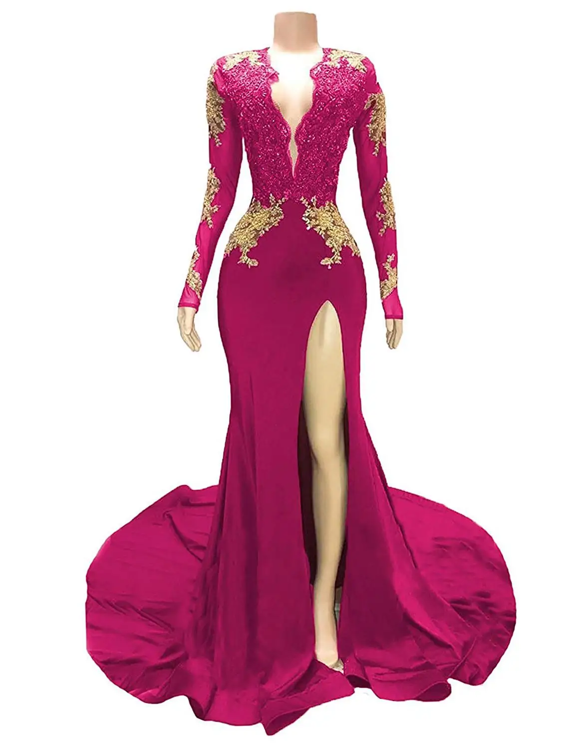 Hot pink Бордовые африканские черные платья русалки для выпускного вечера для девочек кружевное расшитое бисером сексуальное сатиновое вечернее платье с длинным рукавом и открытой спиной vestido de festa - Цвет: Hot pink