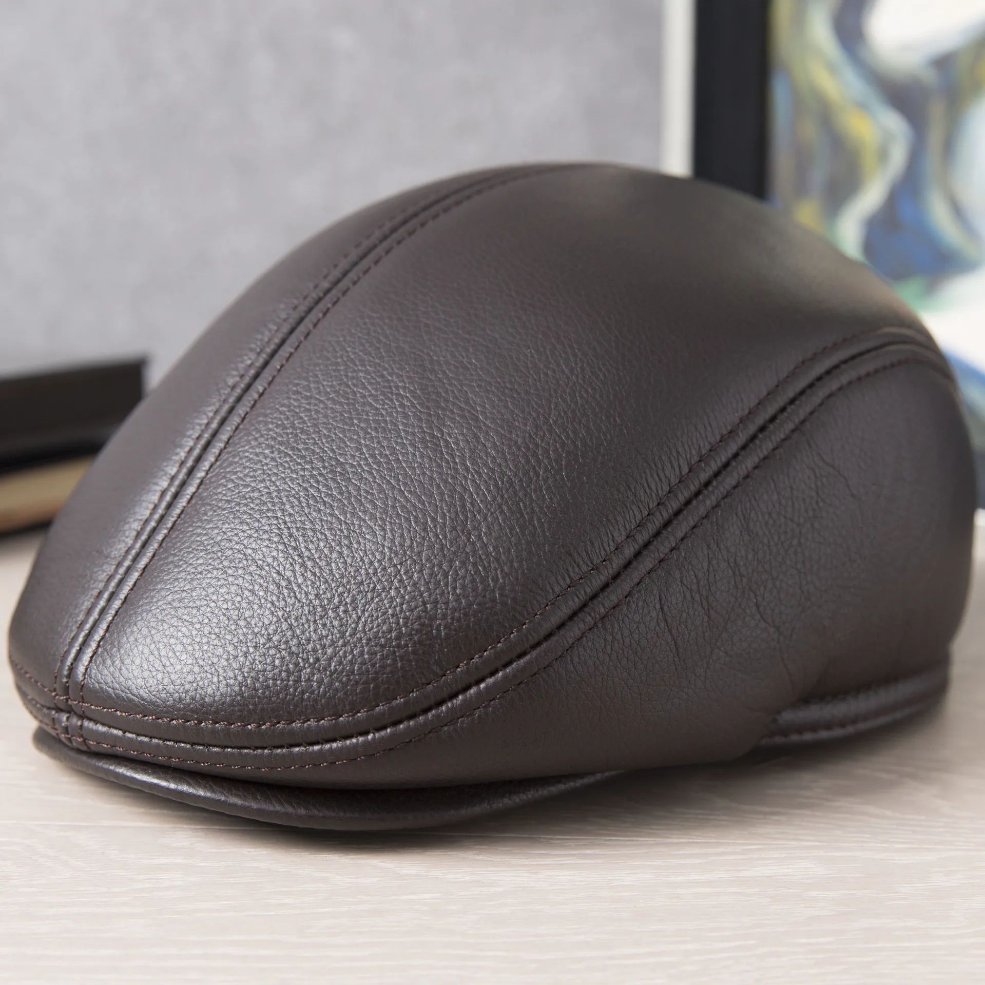 

X168 100% High Quality Genuine Leather Hats Adult Driving Cowhide Hat Planas Flat Cap Elder Warm Visor Caps Adult Trucker Hat