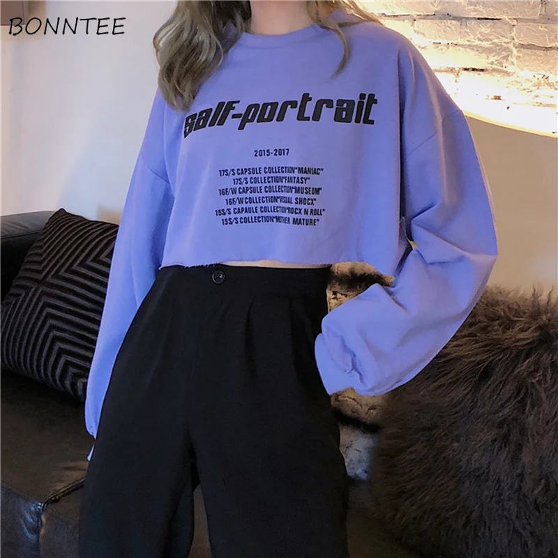  Hoodies Women Cotton Short Elegant Sweet Chic Letter Printed Sweatshirt Lady Korean Loose All-match