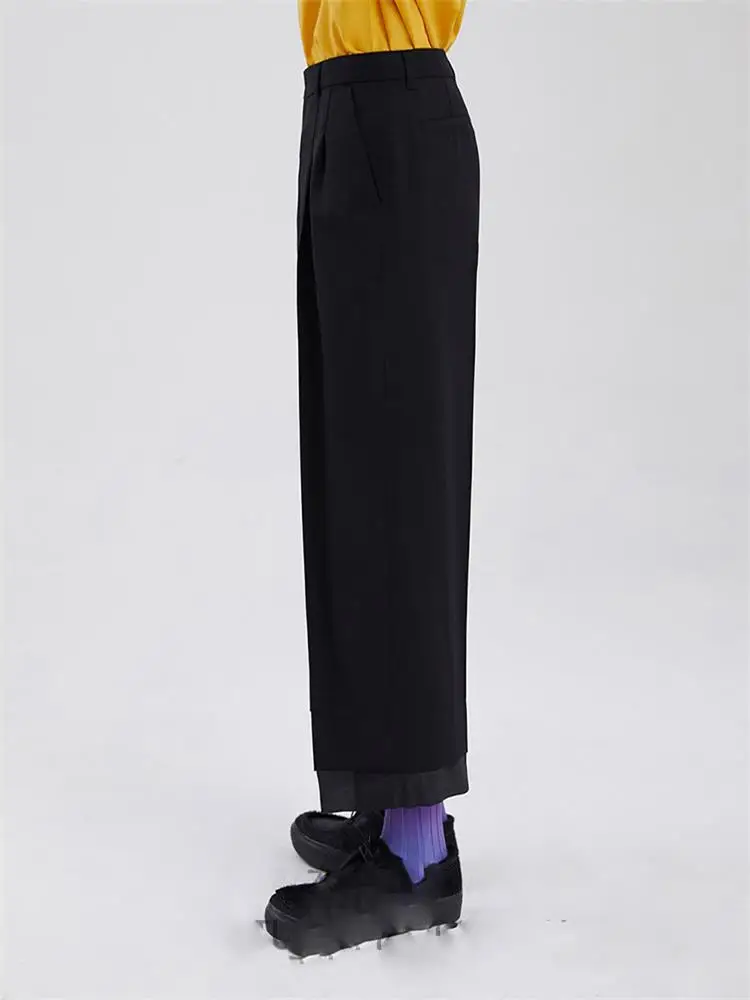 Men's Casual Pants Wide Leg Pants Straight Pants Spring And Autumn New Black Pant Leg Layer Double Stitching Nine Points Design