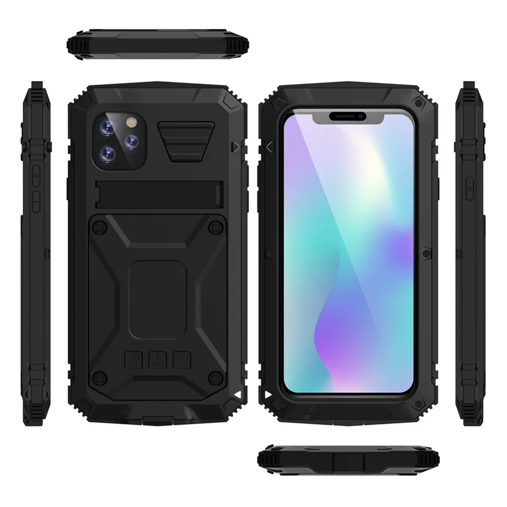 For iPhone 11 Pro Max XS XR XS Max X Metal Aluminum Armor Shockproof Heavy Duty Waterproof Case protective Cover+Tempered glass (5)